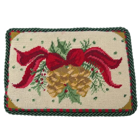 Christmas Needlepoint Pillow Cover Holly and Pine Cones Vintage Holiday Decor - Picture 1 of 10
